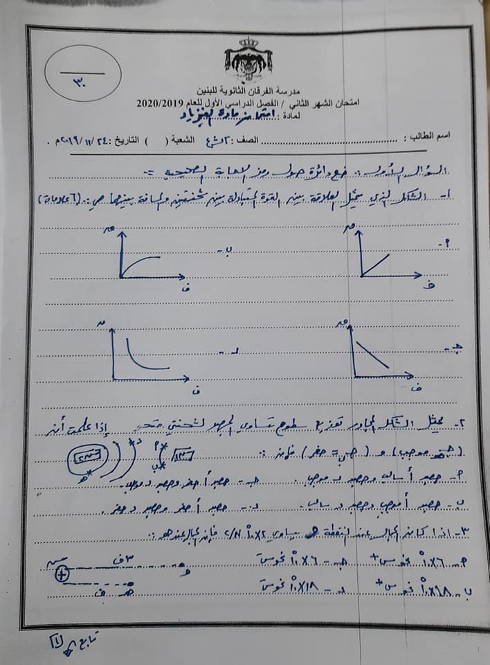 بالصور امتحان لمادة الفيزياء درس المجال و الجهد للصف الثاني الثانوي الفصل الاول 2019